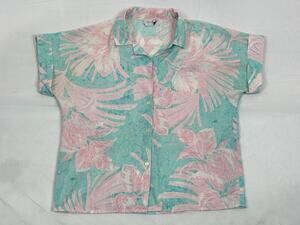 VTG Giovelli Petite Tropical Print Short Sleeve Button Up Shirt Green Pink M